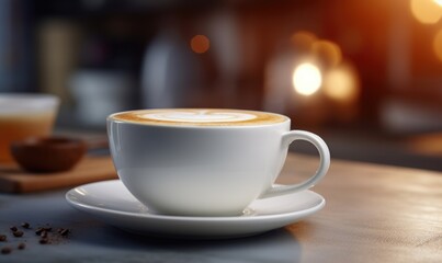 Fototapeta premium A cup of coffee with latte art on a saucer surrounded by warm light that invokes a cozy morning atmosphere