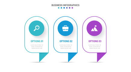Timeline infographic with infochart. Modern presentation template with 3 spets for business process. Website template on white background for concept modern design. Horizontal layout.