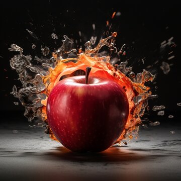 Exploding red apple fruit images black background AI Generated art