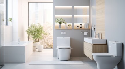 clean white room with toilet, mirror, table and sink,
