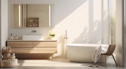 Fototapeta na wymiar clean white room with toilet, mirror, table and sink,