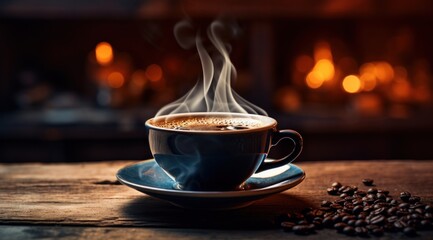 coffee cup on a wooden table on a table with steam billowing up, - obrazy, fototapety, plakaty