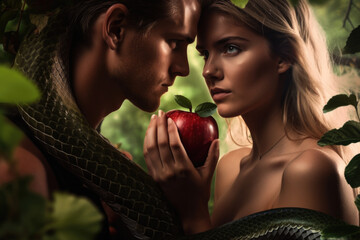 Modern Adam and Eve with a tempting apple. The concept embodies temptation and choice. - obrazy, fototapety, plakaty
