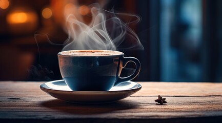 Obraz premium coffee cup on a wooden table on a table with steam billowing up,