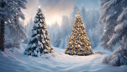 christmas tree in the snow - obrazy, fototapety, plakaty