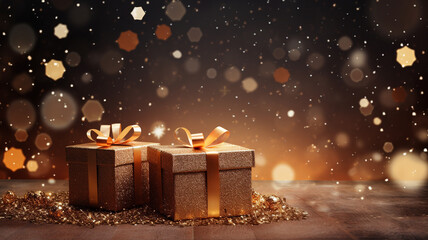 gift box with christmas decoration and lights on a dark background