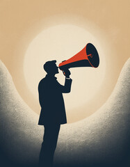 Illustration of a silhouette of a man shouting into a megaphone on an abstract background. - obrazy, fototapety, plakaty