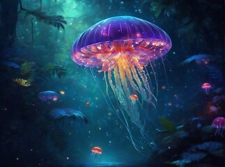 Fototapeta na wymiar A colorful jellyfish in the dark sea, jellyfish in the water