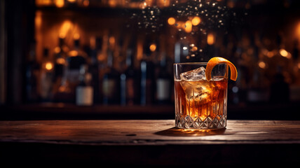 glass of ice with lemon and whiskey on table. - obrazy, fototapety, plakaty
