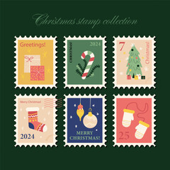 Winter Christmas Presents Postal Stamps. Vector Illustration of Happy New Year! Winter Holidays. Seasonal Greetings.