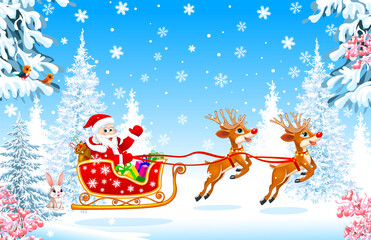Santa and reindeer in the winter forest. Santa on his sleigh, with gifts, against the backdrop of a winter snowy forest, Christmas Eve
