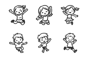 Cartoon children set. Black and white vector illustration