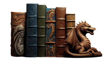 Majestic Dragon Perched on Towering Bookshelf, Guarding Ancient Tomes