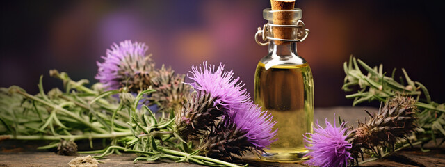 bottle, jar with thistle essential oil extract - obrazy, fototapety, plakaty