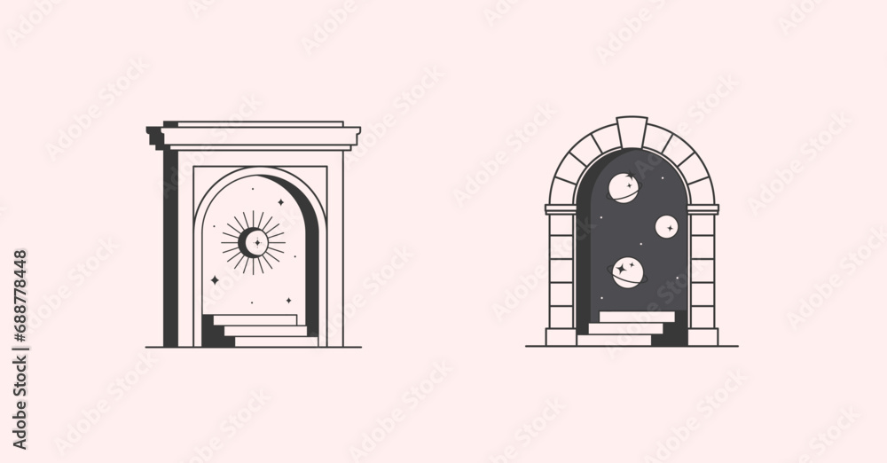 Wall mural vector cosmic logo design templates with portal,steps,planets,outer space,moon and stars.surreal abs