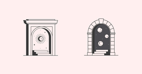 Vector cosmic logo design templates with portal,steps,planets,outer space,moon and stars.Surreal abstract illustrations in trendy minimal outline style.Celestial emblems.Branding design templates.