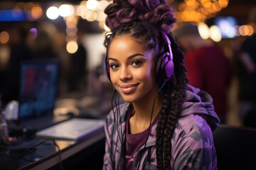 Smiling young woman wearing headphones. Concept of gaming and leisure. - obrazy, fototapety, plakaty