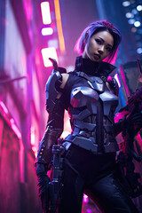 Fototapeta na wymiar A vivid portrait of a beautiful woman, a futuristic soldier in a cyberpunk setting.