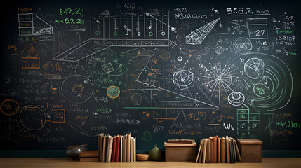 Blackboard inscribed with scientific formulas and calculations in physics and mathematics. Chalkboard with many equations in school classroom.Chalkboard with written signs and numbers.Generative Ai - obrazy, fototapety, plakaty