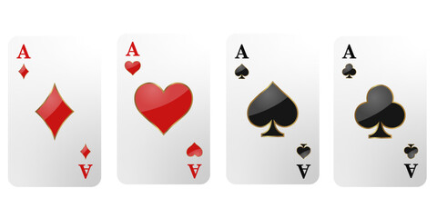Vector illustration of four Ace playing cards. Winning poker hand. Set of hearts, spades, clubs and ace of diamonds