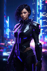 Naklejka premium A vivid portrait of a Chinese woman as a futuristic soldier in a cyberpunk city setting.