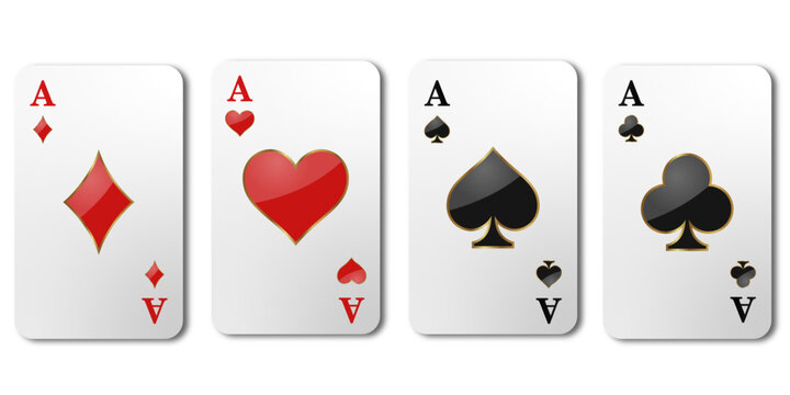 Vector illustration of four Ace playing cards. Winning poker hand. Set of hearts, spades, clubs and ace of diamonds
