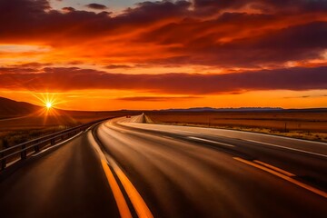 Driving through the Wyoming Interstate 80 Expressway at sunset, the sky painted in warm hues, the road adorned with streaks of car lights