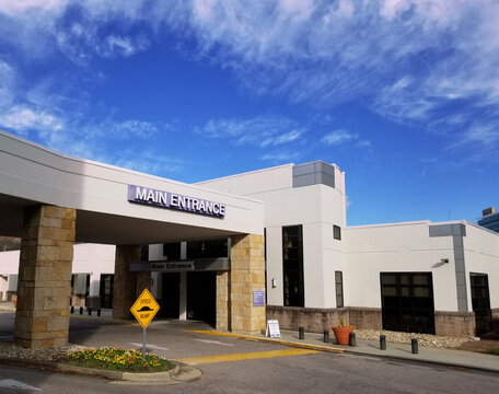 Raleigh, NC - USA - 12-04-2023: The main entrance to Rex UNC Healthcare hospital in Raleigh