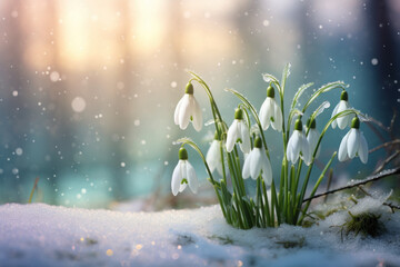 An image of snowdrops, flora, winter, and snow. Beautiful background light.