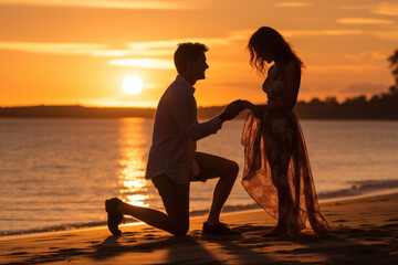 Silhouette of a Romantic Beach Proposal at Sunset
