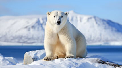 White polar bear (Ursus maritimus) sitting on snowy rock at sunny day. Arctic glaciers on background - obrazy, fototapety, plakaty