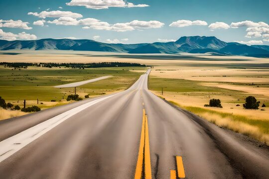 An Endless Wyoming Interstate 80 Expressway During A Vibrant Summer Road Trip, The Asphalt Stretching Into The Horizon With Mountains On The Sides