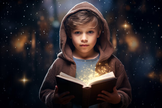 Enchanting Explorer: Cute Boy with Magic Book on a Magical Background. Generative ai