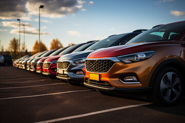 Fototapeta premium Raw of new cars parked in a parking lot. Generative ai