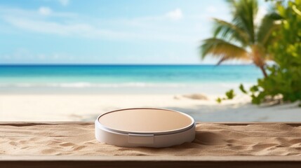 Fototapeta na wymiar Cosmetic product with blank front, realistic on a mockup template in a sand in a tropical beach