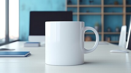 Cup with blank front, realistic on a mockup template in a desk in a modern office,