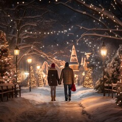 Love Couple Walking on snowy winter night Christmas Eve