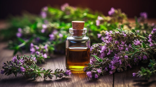 bottle, jar with thyme essential oil extract