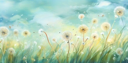 Fototapeta na wymiar dandelions blowing in the wind on a grassy spring background,
