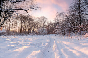 Krajobraz zimowy, wschód słońca, rzeka, wodospad i zaśnieżone drzewa (Winter landscape,...