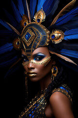 A black African woman transformed into a stunning embodiment of fantasy art with golden details on her head.