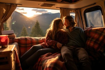 A couple in love in a camper van in the mountains at dawn - obrazy, fototapety, plakaty