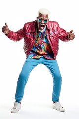 Funny senior black man dressed in modern colorful clothes on a white background