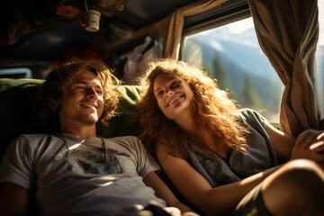 Portrait of a young couple in a camper van