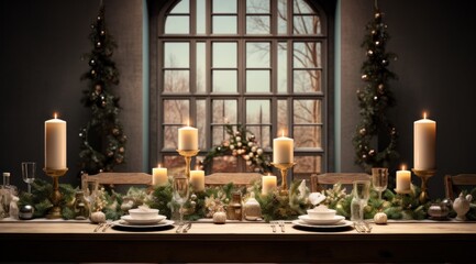 dinner table with candles and christmas decorations,
