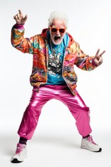 Funny elderly man dressed in modern colorful clothes on a white background