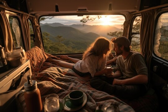 A young couple waking up together in a camper van at dawn in the mountains