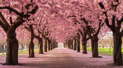 Cherry Blossom Wonderland: A dreamy landscape filled with cherry blossom trees in full bloom, creating a soft carpet of pink petals beneath.