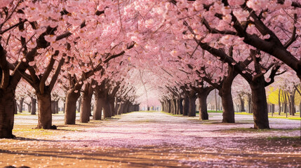Cherry Blossom Wonderland: A dreamy landscape filled with cherry blossom trees in full bloom, creating a soft carpet of pink petals beneath.
