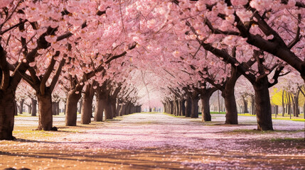 Naklejka premium Cherry Blossom Wonderland: A dreamy landscape filled with cherry blossom trees in full bloom, creating a soft carpet of pink petals beneath.